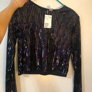 Navy sequin long sleeve crop top